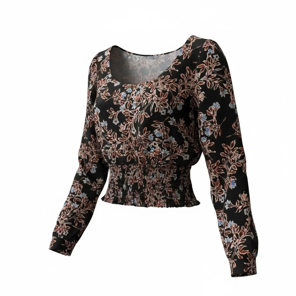 Free People Black and Pink Floral Blouse